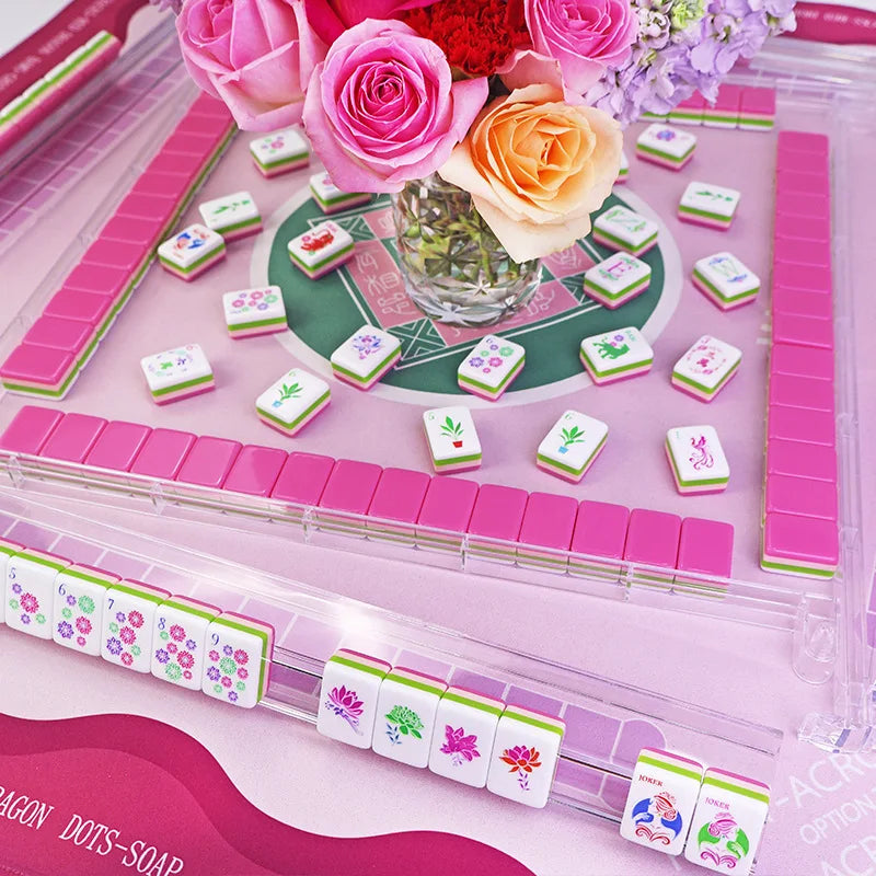 Four Layer Rose Pink Acrylic American Mahjong Set for Family Entertainment